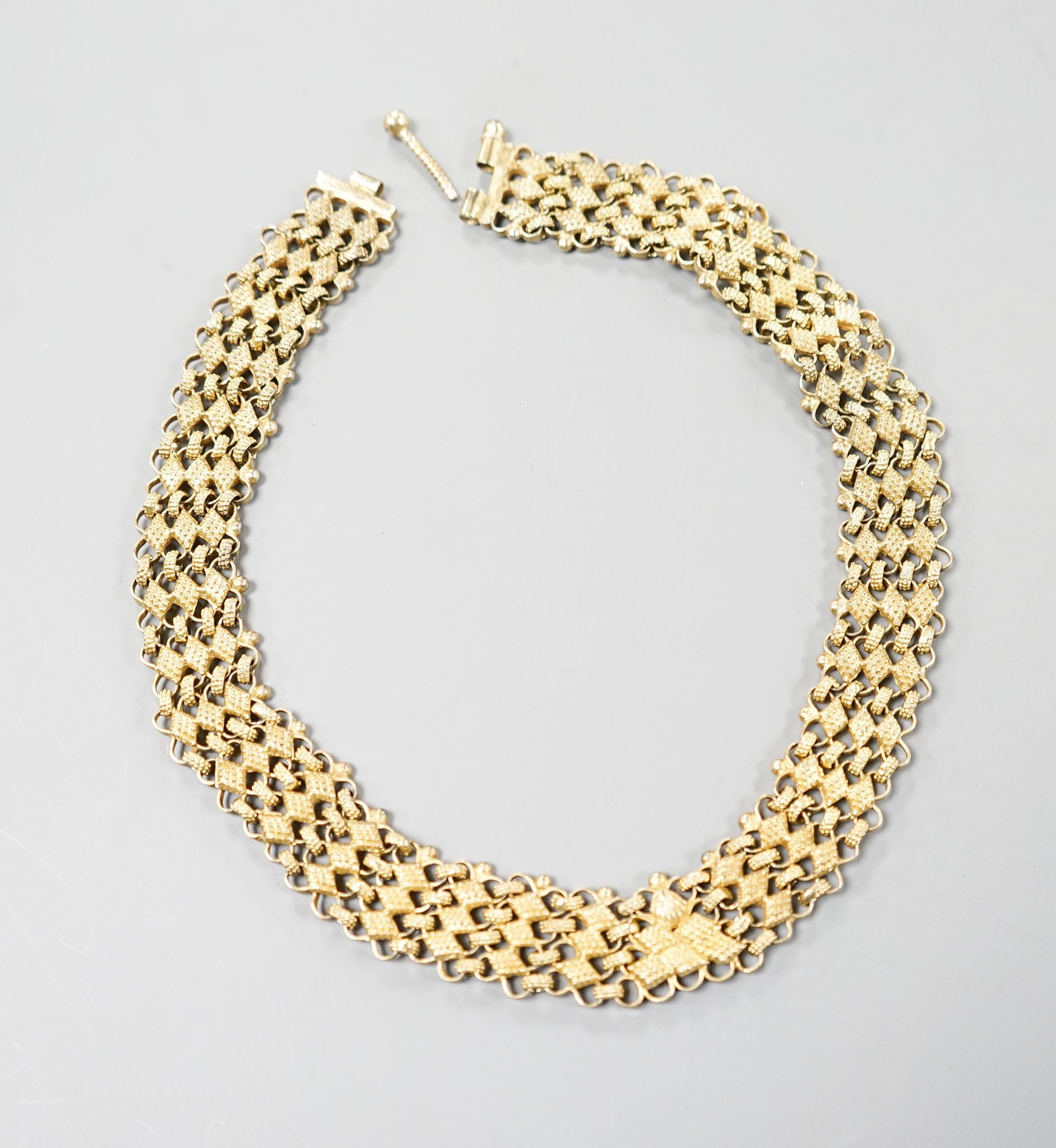 A continental gilt white metal fancy link necklace, approx. 38cm, gross weight 93 grams.